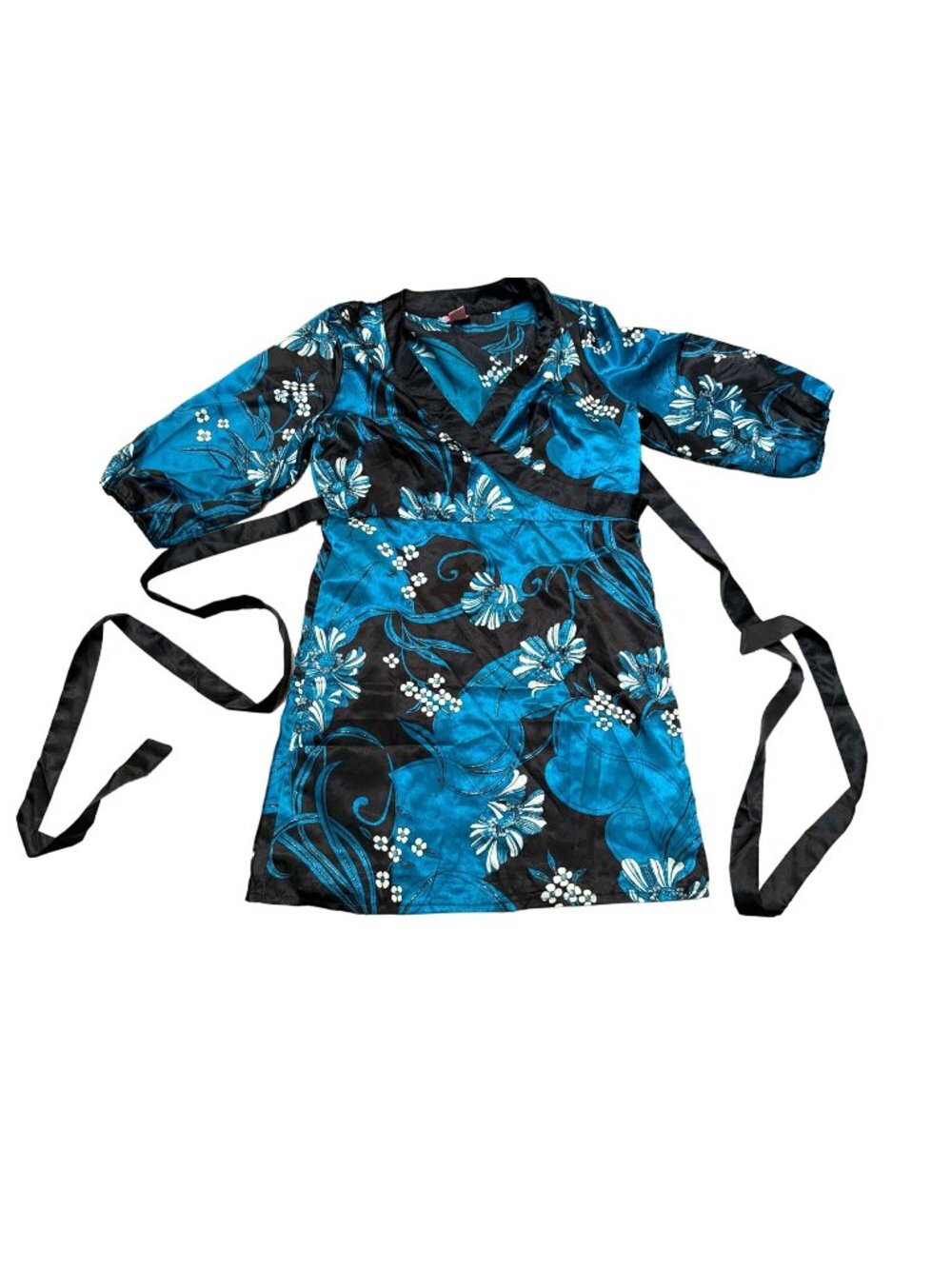 She's Cool Floral Kimono Wrap Dress XL Black & Teal Polyester 90's Style VTG #2